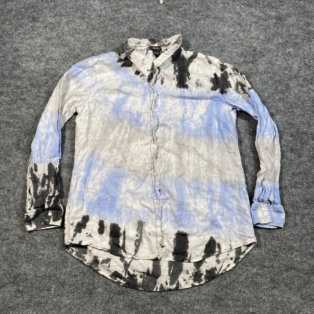 Pure Amici 100% Linen Tie Dye Button Down Shirt Blue Grey Black Womens Large